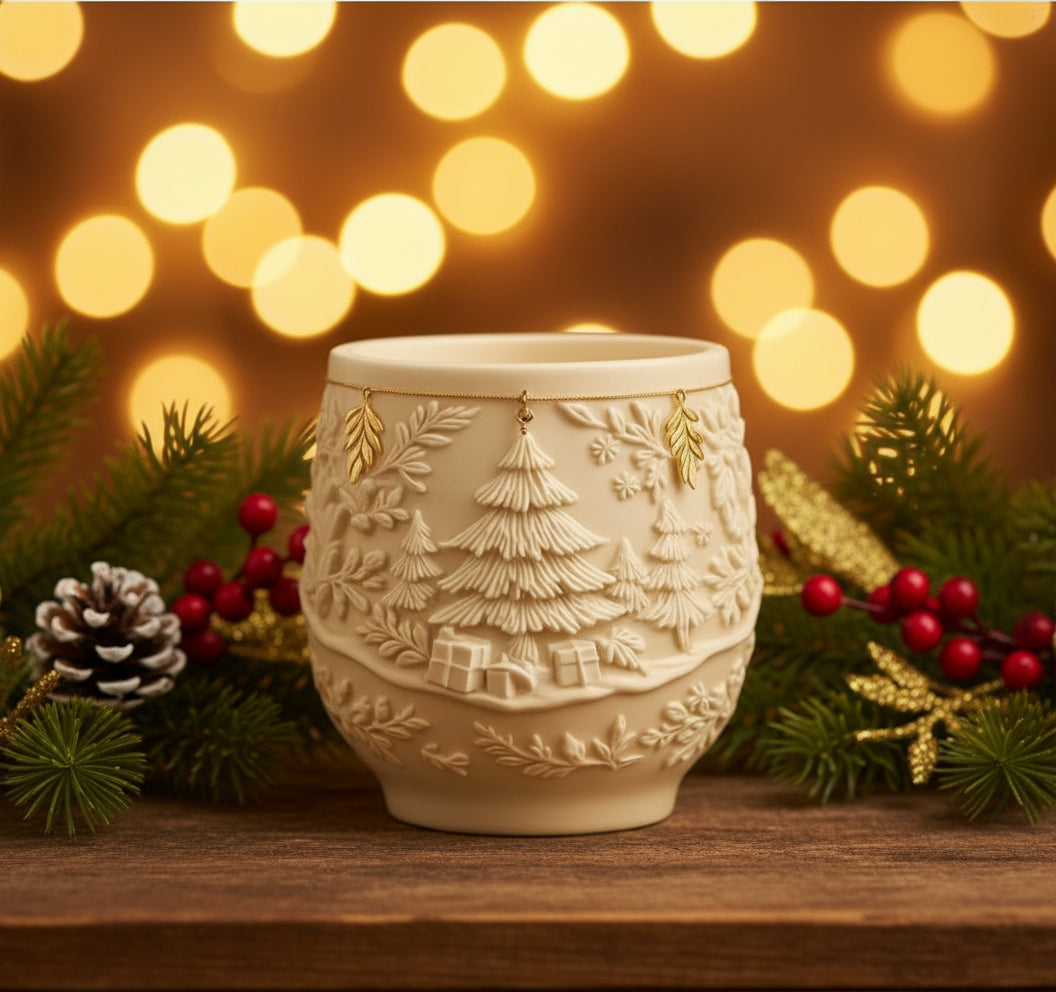 Χριστουγεννιάτικο κερί σε δοχείο πορσελάνης με ανάγλυφα σχέδια